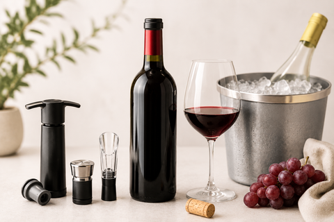 How to Store Opened Wine setup with wine bottle, glass, preservation tools, grapes, and ice bucket on a table for freshness