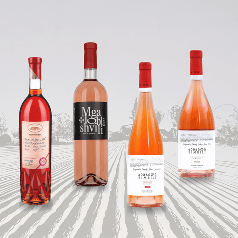 Georgian Sets featuring wine and chacha bottles with vineyard backdrop, highlighting traditional Georgian beverages.