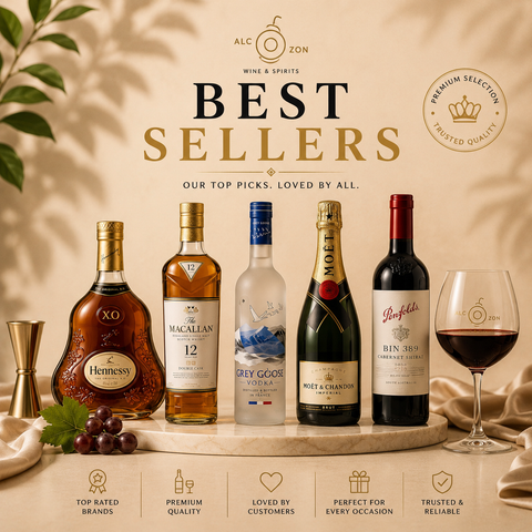 Red stamp graphic with 'Best Seller' text, highlighting top products from Alcozon's Best Sellers Collection of premium spirits and wines.