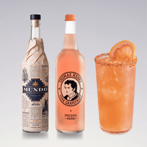 Easy Cocktails Collection ingredients include tequila, grapefruit soda, and a mixed drink in a glass with a salted rim.