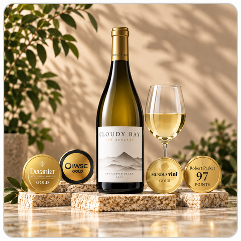 Awarded Wines - Cloudy Bay Sauvignon Blanc surrounded by gold medals and awards from Decanter, IWSC, and Mundus Vini.