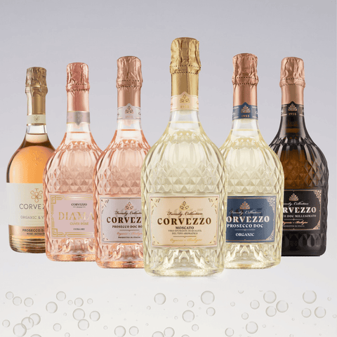 Corvezzo Organic and Premium Italian Collection X6 featuring Italy's finest sparkling wines with eco-friendly diamond-textured bottles.