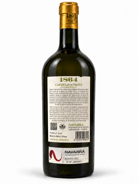 Back label of 1864 Castillo de Olite Chardonnay 2022 Dry White wine bottle, showing details about the Navarra, Spain origin.