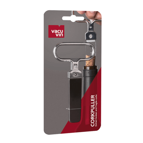 Vacu Vin Cork Puller Stainless Steel in packaging, premium wine opener for intact or fragile cork removal, designed in the Netherlands.
