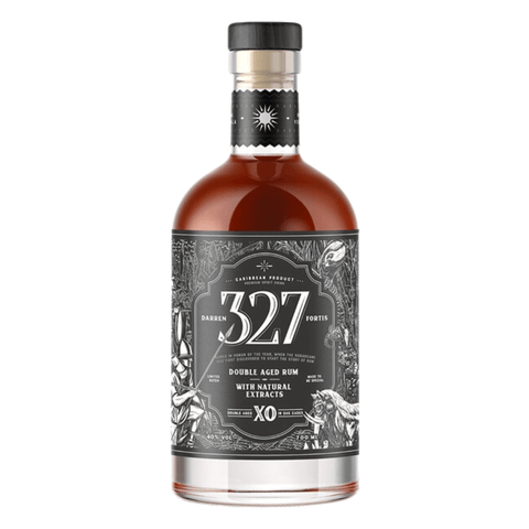 327 XO Double Aged Rum 700 ml bottle with label, Caribbean spirit, 40 % ABV, celebrating craftsmanship and heritage.