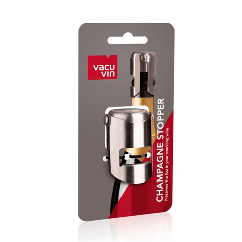 Vacu Vin Champagne Stopper Stainless Steel packaging, designed to keep sparkling wine fresh with an airtight seal, Netherlands-made.