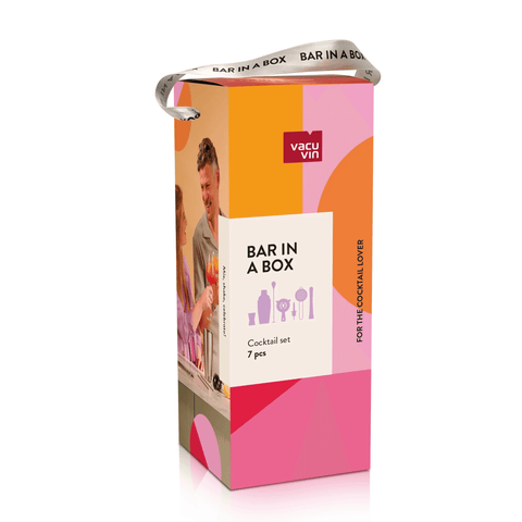 Vacu Vin Bar in a Box Cocktail Set packaging, featuring a 7-piece home bartending kit with stylish design from renowned Dutch brand Vacu Vin.
