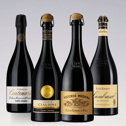 Cleto Chiarli Lambrusco Collection featuring distinctive bottle shapes and premium cork closures, classic Italian wine collection