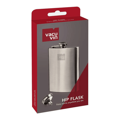 Vacu Vin Hip Flask Stainless Steel 200 ml in packaging, a stylish and durable choice for spirits on the go, showcasing Dutch design excellence.