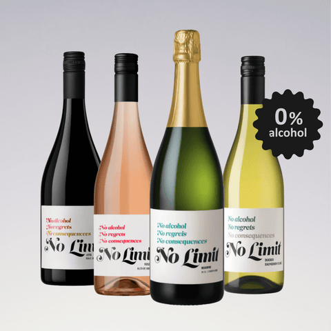 No Limit Alcohol-Free Wine Collection with 0% alcohol sparkling, red, rosé, and white wine bottles.