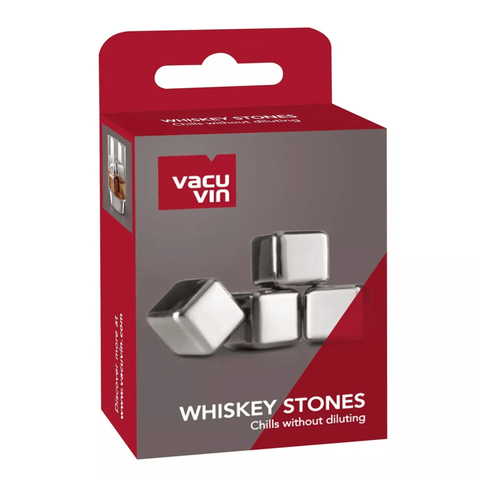 Vacu Vin Whiskey Stones Stainless Steel Set in packaging, non-diluting drink chillers by trusted Dutch brand.