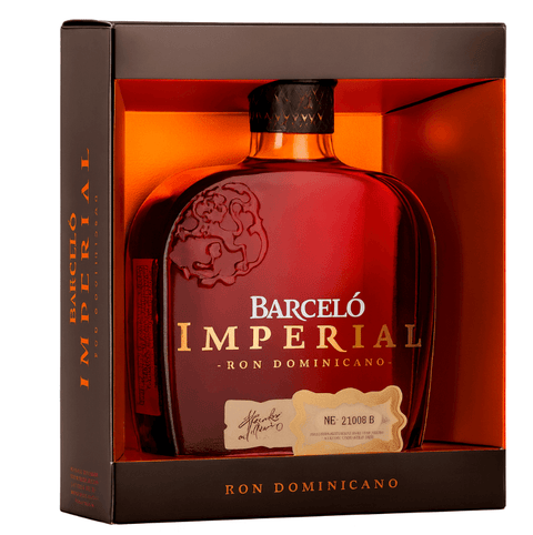 Barcelo Imperial Rum 70cl bottle in packaging, Dominican Republic origin, aged in ex-Bourbon oak barrels, premium rum display
