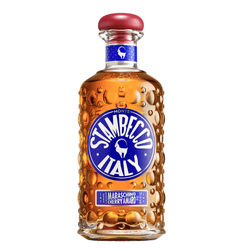 Stambecco Maraschino Cherry Amaro Liqueur bottle, 70cl, Italian Alps-inspired design with maraschino cherries flavor.