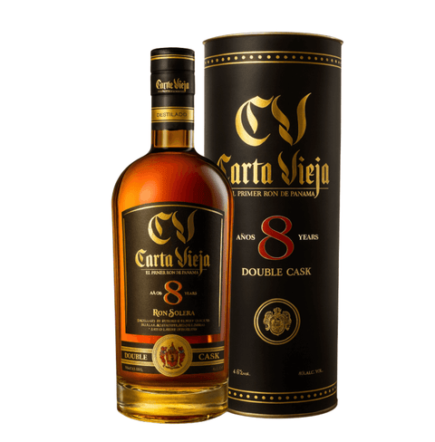 Carta Vieja Double Cask 8-Year-Old Rum 75cl bottle and packaging, premium Panamanian rum, aged in American oak barrels.