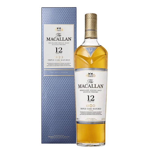 Macallan 12-Year-Old Triple Cask Scotch Whisky bottle and box, 70cl, 40% ABV, showcasing premium Scottish craftsmanship