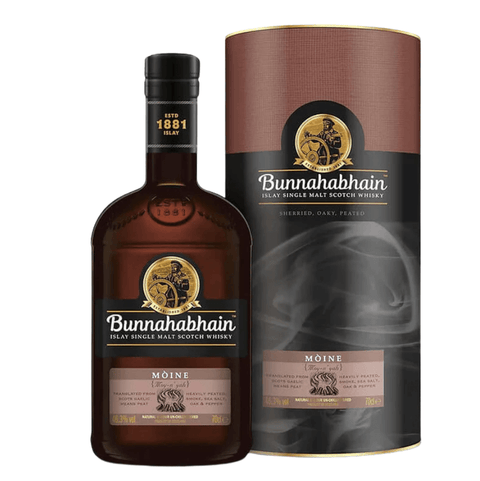 Bunnahabhain Moine Single Malt Scotch Whisky 700ml bottle and packaging with rich smoky design