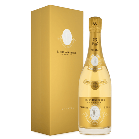 Louis Roederer Cristal 2015 Champagne bottle and box with luxurious golden design