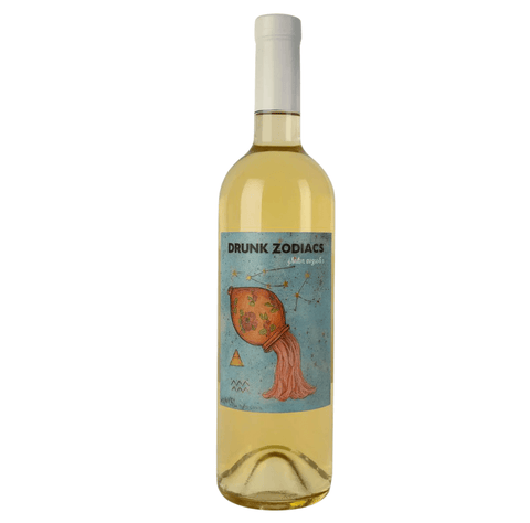 Drunk Zodiacs Aquarius Qisi Qvevri Dry White Wine 750ml bottle with unique label, highlighting Georgian winemaking tradition.
