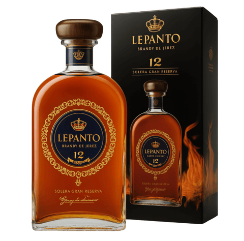 Bottle and box of Lepanto 12 Y Spanish Brandy de Jerez showing Solera Gran Reserva label, 700 ml, 40% ABV from Jerez, Spain.