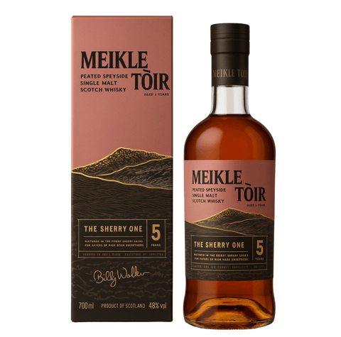 Meikle Toir 5Y The Sherry One Single Malt Whisky bottle and box, 700ml, 48%, rich sherry-influenced peated Scotch from Speyside.