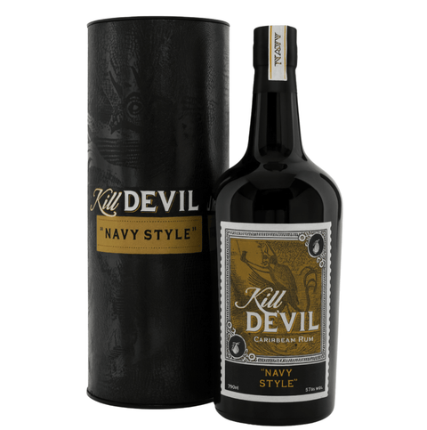 Bottle and packaging of Kill Devil Navy Style Rum, 700 ml, 57% ABV, showcasing Caribbean rum with rich molasses and dark spice flavors.