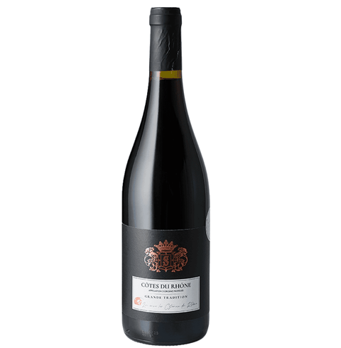 Cotes du Rhone Grande Tradition Rouge wine bottle from Rhone Valley, France, 750ml, 14% alcohol content.