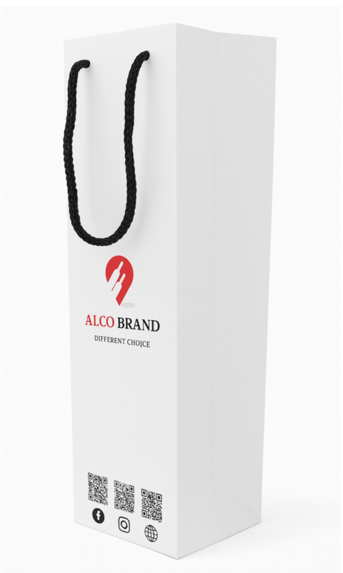 Alco Brand 1-Bottle Standart Gift Bag with logo, rope handle, and minimalist design for wine or champagne.