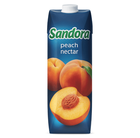 Sandora Peach Nectar 1L carton with images of juicy peaches, highlighting a smooth and fruity peach drink for refreshing taste.