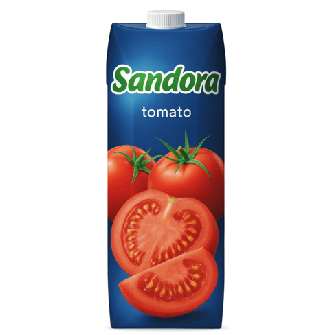 Sandora Tomato Juice 1L packaging with ripe tomatoes on front, illustrating the rich, savory tomato drink.