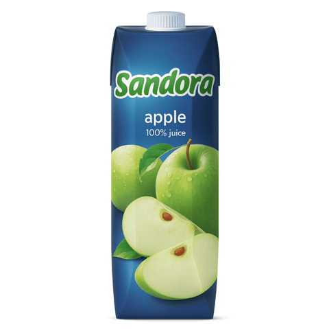 Sandora Apple Juice 1L carton with green apples, 100% natural juice, no added sugar or preservatives, refreshing and crisp beverage
