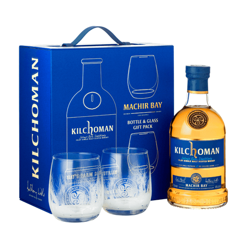 Kilchoman Machir Bay Islay Single Malt 700ml Gift Pack with 2 glasses, featuring bottle and branded tumbler glass set.