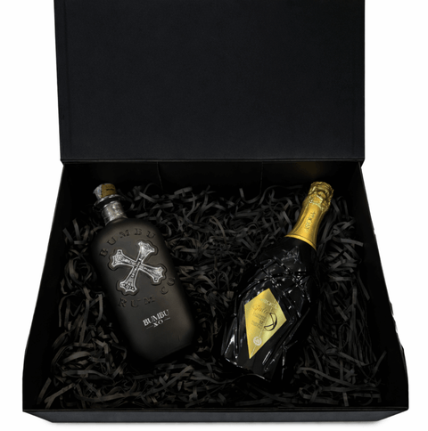 Alcozon Black Gift Box with Bumbu XO Rum and Astoria Prosecco, a luxurious premium gift set for stylish celebrations.