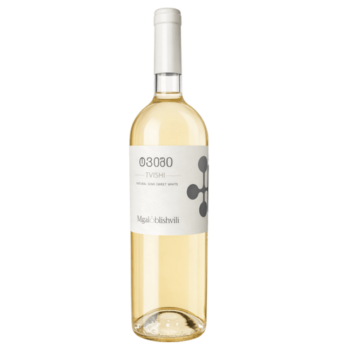 Mgaloblishvili Tvishi White Wine 750ml bottle from Kakheti, Georgia, showcasing a bright straw-yellow color.