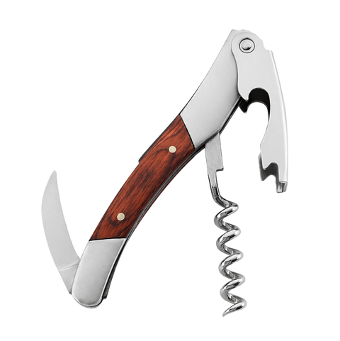 Corkscrew with Wooden Handle – Stainless steel bottle opener with elegant wood finish, ideal for professional or home use.