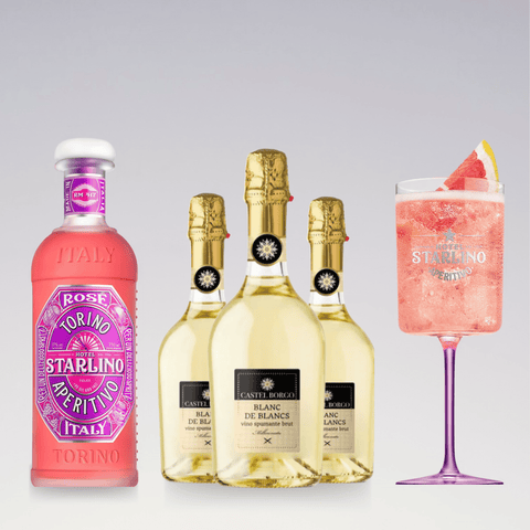 Starlino Rosé Spritz with cocktail set including bottle and glass, perfect for home aperitivo evenings from ALCOZON.