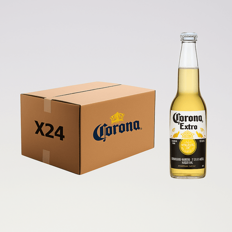 Pack of 24 Corona Extra Beer bottles, 33cl each, 4.5% ABV. Mexican pale lager known for its light, crisp flavor. Box and bottle shown.