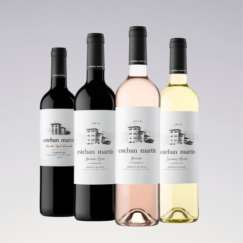 Esteban Martin Spanish Wine Collection with minimalist white labels featuring historic building sketches