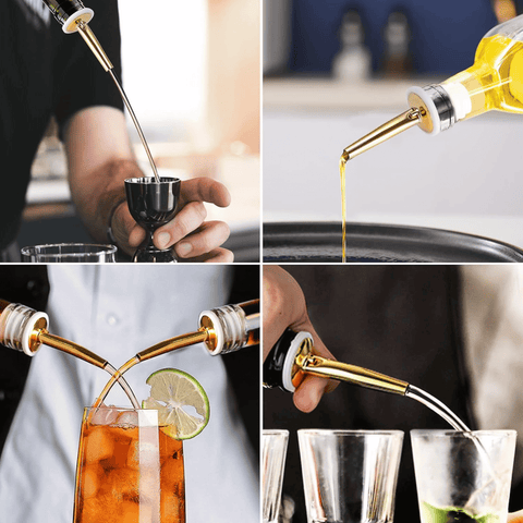 Gold Stainless Steel Bottle Pourer in use, showing precise pouring of liquids into drinks and containers for home and professional bars.