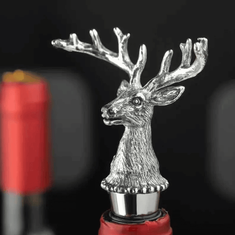 Deer Head Wine Bottle Stopper Metal showcasing a detailed sculpted deer head over a wine bottle, perfect for elegant home bars.