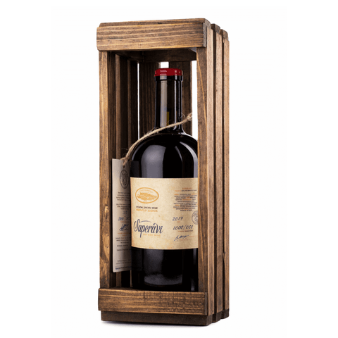 Bottle of Tchotiashvili Saperavi Red Wine 2017 in wooden box from Kakheti, Georgia