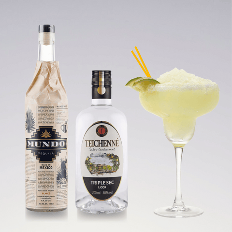 Margarita cocktail with tequila and triple sec bottles, garnished with lime and straws, ideal for refreshing summer drinks.