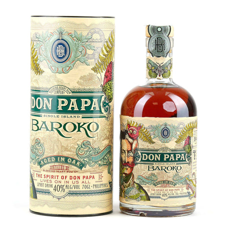 Don Papa Baroko Rum 70cl bottle and packaging, featuring vibrant label design, made from Philippine sugarcane, 40% ABV.