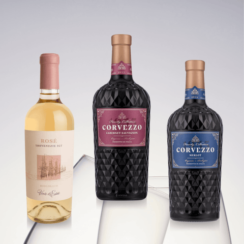 Corvezzo Organic & Premium Italian Wine Collection X3 featuring Rosé, Cabernet Sauvignon, and Merlot bottles from Veneto, Italy.
