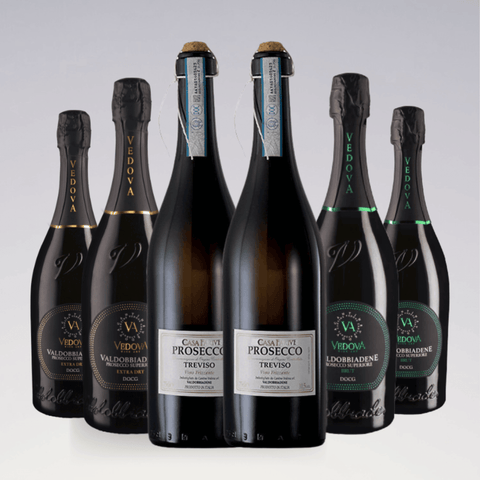 Vedova & Casa Favalli Prosecco Collection X6 bottles, Italian sparkling wine set for gifting and celebrations.