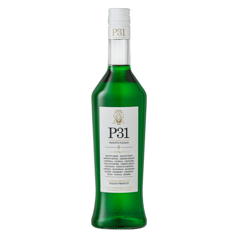 P31 Green Aperitivo 1L bottle, Italy's botanical beverage with 31 herbs, roots, and spices.