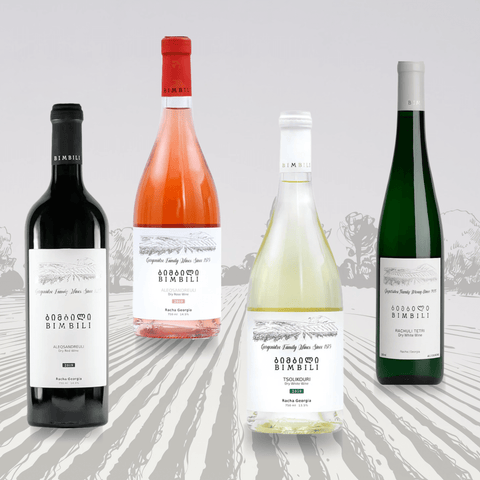 Bimbili Racha Region Collection wine bottles from Georgia featuring red, rosé, white varieties with minimalist winery labels.