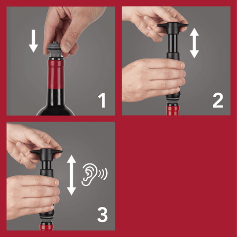 Instructional steps for using Vacu Vin Vacuum Wine Saver with Stoppers to preserve wine.