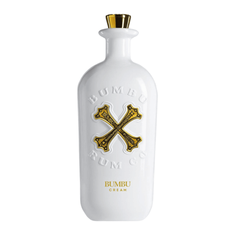 Bumbu Cream Rum Liqueur 70cl bottle featuring a white ceramic design with a distinctive gold emblem.
