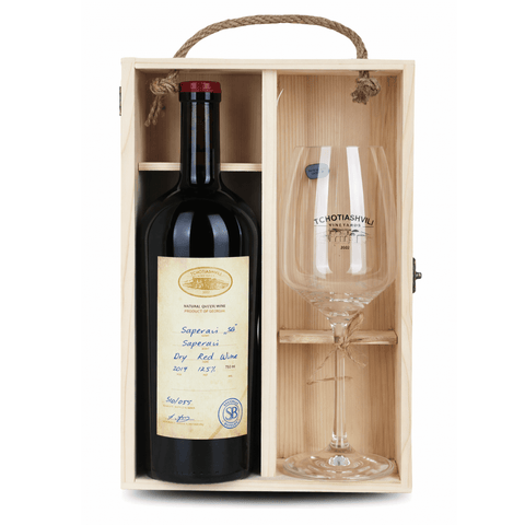 Tchotiashvili Saperavi wine bottle and glass set from 2017, showcasing Georgian winemaking heritage, 750ml, 13% alcohol, limited edition.