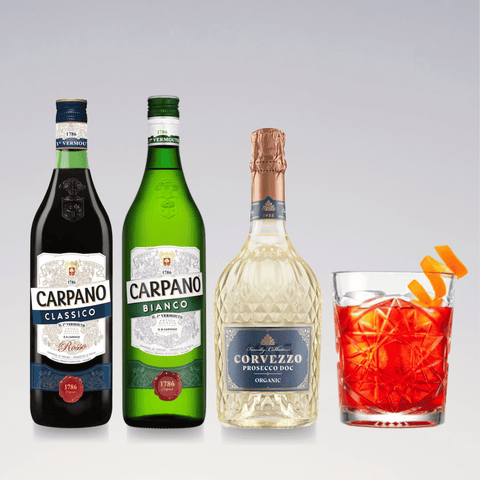 Carpano Sbagliato ingredients: Carpano Classico and Bianco Vermouth bottles, Corvezzo Prosecco DOC, and a cocktail glass with garnish.